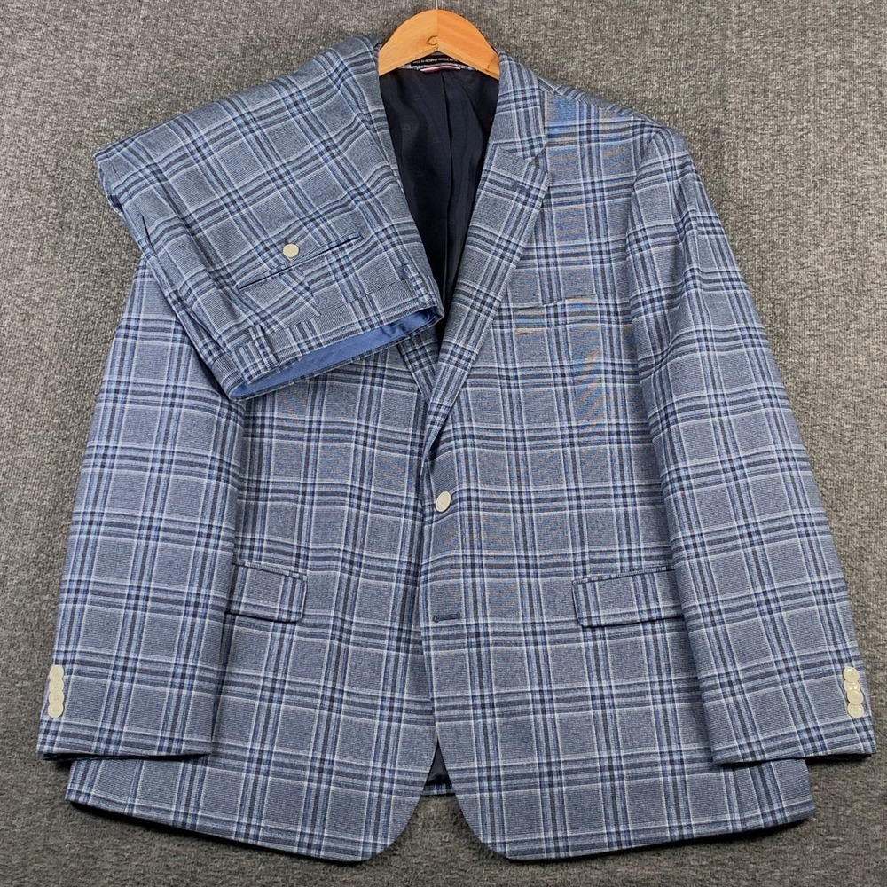 Tommy Hilfiger 2 Piece Suit Men 48R Blue Plaid 38x30 Stretch Modern Windowpane